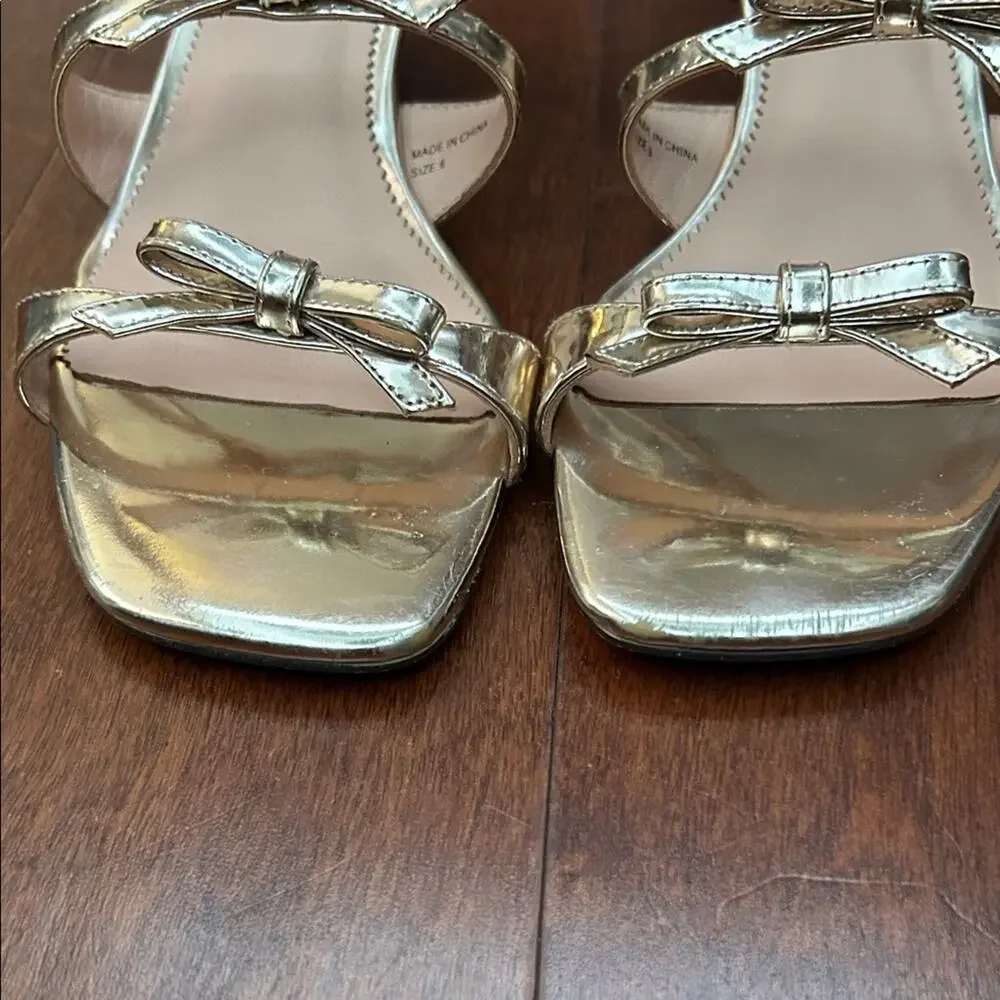 J. Crew Zadie Bow-Strap Heels in Gold Metallic Leather, Feminine Coquette Size 6